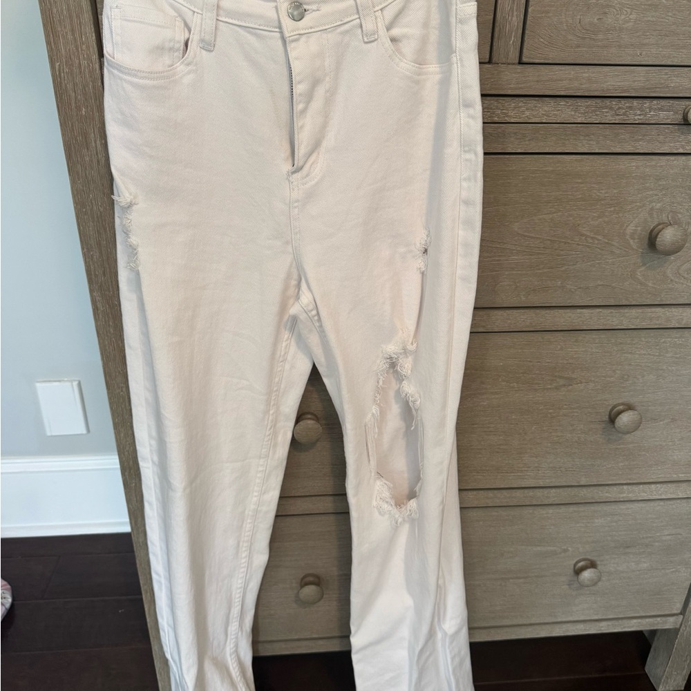 Zara Cream Straight Leg Distressed Jeans